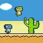 Pixeles dinoszauruszok ugrálnak kaktuszok között sivatagi háttérrel