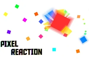 Színes, egymásra rétegzett négyzetek és kisebb színes pixelek fehér háttér előtt, alul balra a „PIXEL REACTION” felirattal