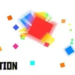 Színes, egymásra rétegzett négyzetek és kisebb színes pixelek fehér háttér előtt, alul balra a „PIXEL REACTION” felirattal