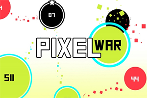 Színes körök és pixelek „PIXEL WAR” felirattal a középpontban