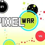 Színes körök és pixelek „PIXEL WAR” felirattal a középpontban