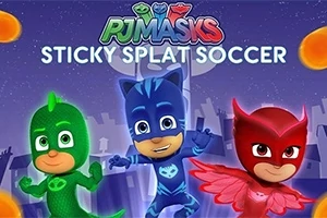 Három szuperhős jelmezbe öltözött gyermek színes háttér előtt, Sticky Splat Soccer felirattal, város sziluettjeivel a háttérben