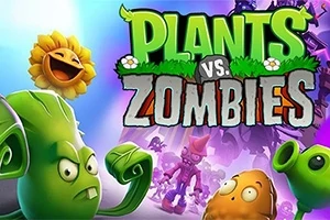 Napraforgó, borsókilövő és krumpli szerű figurák színes háttér előtt, nagy Plants vs Zombies felirattal