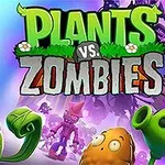 Napraforgó, borsókilövő és krumpli szerű figurák színes háttér előtt, nagy Plants vs Zombies felirattal