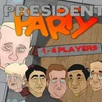 Karikatúraszerű portrék vezető politikusokról, a háttérben a President Party és 1-4 Players feliratokkal