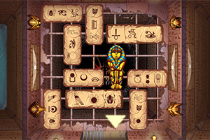Egy egyiptomi témájú puzzle játék képe, amelyen egy múmia szarkofágja van körülvéve hieroglifákat ábrázoló téglalap alakú elemekkel