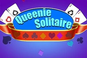 Kártyalapok, szívek és pikk jelek színes háttéren, középen Queenie Solitaire felirattal