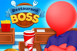 Egy piros figurális karakter látható egy éttermi pult mögött, mellette poharak és sült krumpli, háttérben a „Restaurant Boss” felirat