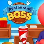 Egy piros figurális karakter látható egy éttermi pult mögött, mellette poharak és sült krumpli, háttérben a „Restaurant Boss” felirat