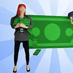 Egy rajzolt nő és férfi áll egy nagy zöld bankjegy előtt, a nő kezében több pénzzel