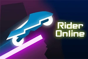 Kék stilizált autó világító kerekekkel és Rider Online szöveg sötét háttérrel