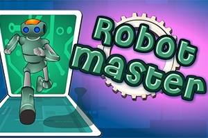 Egy zöld robot figura egy képernyőről kilépve, mellette a Robot master felirat fogaskerékkel díszítve