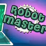 Egy zöld robot figura egy képernyőről kilépve, mellette a Robot master felirat fogaskerékkel díszítve