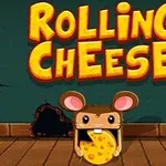 Rajzfilmszerű egér egy sajtot tart a szájában, a háttérben egy sötét lyuk és a Rolling Cheese felirat szerepel