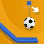 Sárga háttéren lógó focilabda kék elemekkel és egy fehér mutató kéz