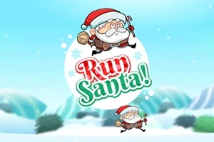 Mikulás-karakterek ugranak egy hófödte háttér előtt, a középpontban a Run Santa!