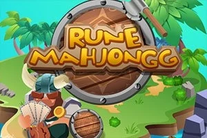 Fa táblára írt „Rune Mahjongg” felirat szigeti háttérrel, körülötte trópusi növények