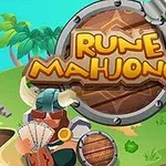Fa táblára írt „Rune Mahjongg” felirat szigeti háttérrel, körülötte trópusi növények