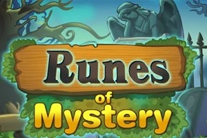 A Runes of Mystery felirat látható egy fa táblán, háttérben egy kőszoborral és faágakkal
