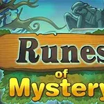 A Runes of Mystery felirat látható egy fa táblán, háttérben egy kőszoborral és faágakkal