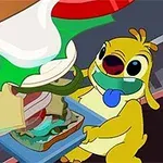 Egy sárga rajzfilmfigura kék nyelvvel szendvicset készít különböző összetevőkből