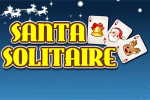 Kék háttér előtt sárga betűkkel kiemelt Santa Solitaire felirat, Mikulás, harang és rénszarvas képekkel ellátott kártyalapokkal, a háttérben havas tájjal és szánhúzó rénszarvasokkal