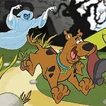 Egy rajzfilmfigura és egy kutya menekül egy kék szellem elől egy ijesztő erdőben