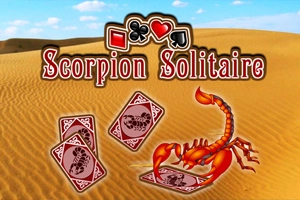 Skorpió homokos sivatagban, körülötte kártyalapok, felül Scorpion Solitaire felirat