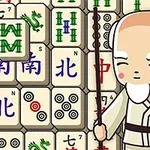 Rajzolt, mosolygó idős férfi botot tart, háttérben Mahjong lapok