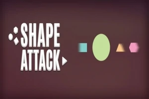 Fehér Shape Attack felirat barnás háttérrel, és mellette különböző színes geometriai alakzatok