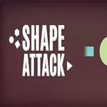 Fehér Shape Attack felirat barnás háttérrel, és mellette különböző színes geometriai alakzatok