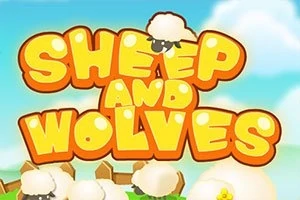 Rajzfilmszerű felirat SHEEP AND WOLVES nagy, sárga betűkkel, háttérben bárányokkal és kerítéssel
