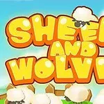 Rajzfilmszerű felirat SHEEP AND WOLVES nagy, sárga betűkkel, háttérben bárányokkal és kerítéssel