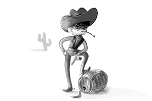 Egy szürkeárnyalatos rajzfilm cowboy kalapban, sértődött arckifejezéssel egy kiömlött hordó mellett áll, háttérben kaktusszal
