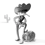 Egy szürkeárnyalatos rajzfilm cowboy kalapban, sértődött arckifejezéssel egy kiömlött hordó mellett áll, háttérben kaktusszal