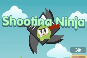 Egy rajzolt, zöld színű ninja figura piros sállal, shuriken háttérrel, kék égbolt és felhők előtt