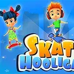 Rajzfilmszerű gyerekek gördeszkáznak egy élénk színű, kék háttér előtt, mellettük egy dinoszaurusz