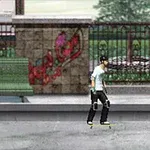 Egy gördeszkás alak egy városi utcát ábrázoló színes környezetben, háttérben graffiti és növények