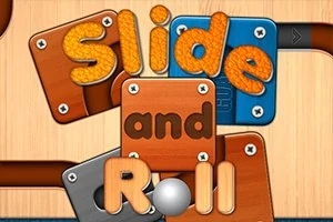 Színes, összeillesztett fa és fém elemekből álló puzzle, Slide and Roll felirattal és egy fémgolyóval
