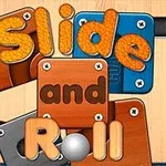 Színes, összeillesztett fa és fém elemekből álló puzzle, Slide and Roll felirattal és egy fémgolyóval
