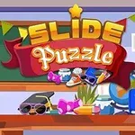 Színes osztályterem dekoráció lufikkal, iskolai eszközökkel és Slide Puzzle felirattal