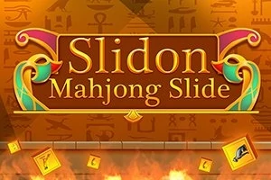 A képen egy barna és narancssárga színű, egyiptomi hieroglifákkal díszített háttér található, rajta a Slidon Mahjong Slide felirattal, két oldalán stilizált színes mintákkal