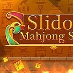A képen egy barna és narancssárga színű, egyiptomi hieroglifákkal díszített háttér található, rajta a Slidon Mahjong Slide felirattal, két oldalán stilizált színes mintákkal