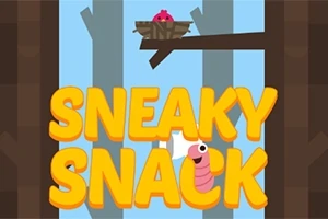 Egy rózsaszín madár fészkel egy ágon, alatta pedig sárga SNEAKY SNACK felirat és egy kedves rózsaszín kukac látható
