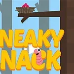 Egy rózsaszín madár fészkel egy ágon, alatta pedig sárga SNEAKY SNACK felirat és egy kedves rózsaszín kukac látható