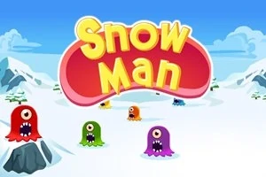 Színes, egy szemű, szörnyfigurák havas tájon, kék égbolttal a háttérben, Snow Man felirattal