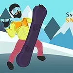 Havas hegyek előtt színes ruhába öltözött snowboardos, aki lila snowboardot tart, napszemüveget viselve