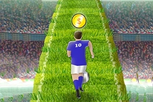 Futballista fut a zöld füves úton a stadionban, miközben egy érmét gyűjt