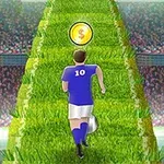 Futballista fut a zöld füves úton a stadionban, miközben egy érmét gyűjt