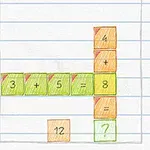 Színes, kézzel rajzolt négyzetrácsos papír keresztrejtvény matematikai feladványokkal, zöld és narancssárga blokkokkal